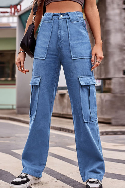 Buttoned High Waist Loose Fit CARGO Jeans-SMALL-2XL (BROWN/BLACK/BLUE)