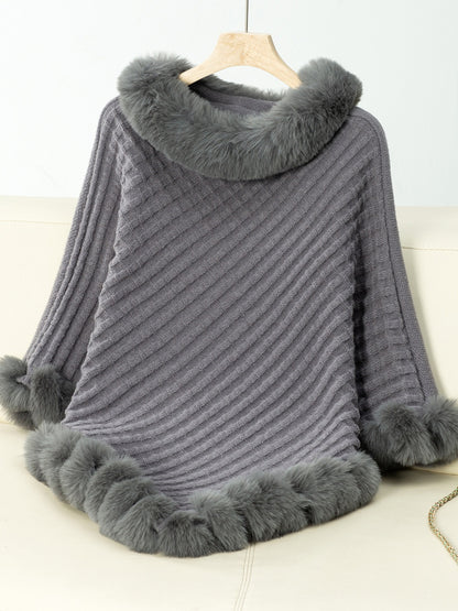 Fuzzy Trim Texture Three-Quarter Sleeve Poncho (beige/camel/grey/brown/black/burgundy)