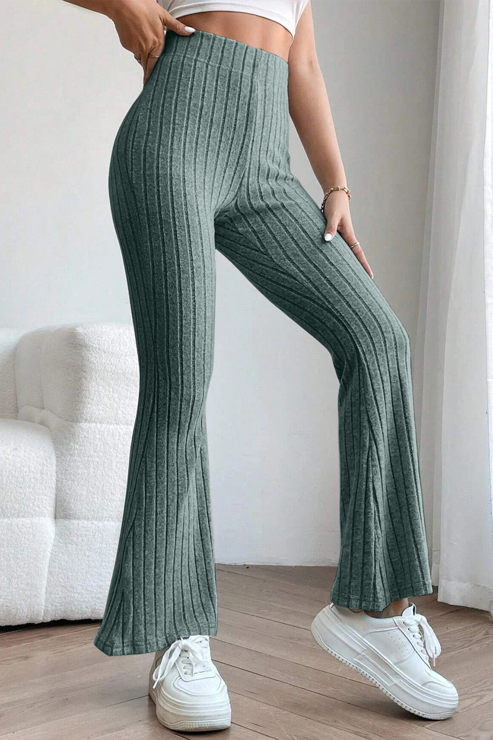 0N SALE:::Full Size Ribbed High Waist Flare Pants (black/blue/teal/grey)-SMALL-3XL