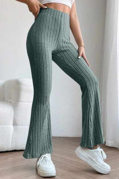 0N SALE:::Full Size Ribbed High Waist Flare Pants (black/blue/teal/grey)-SMALL-3XL
