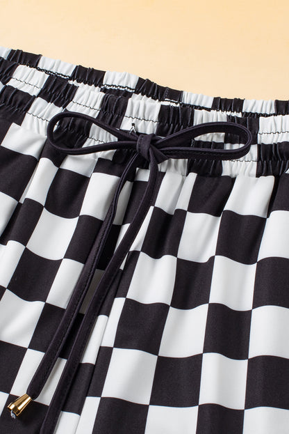 Drawstring Checkered Shorts with Pockets (black/hot pink)-S-XL