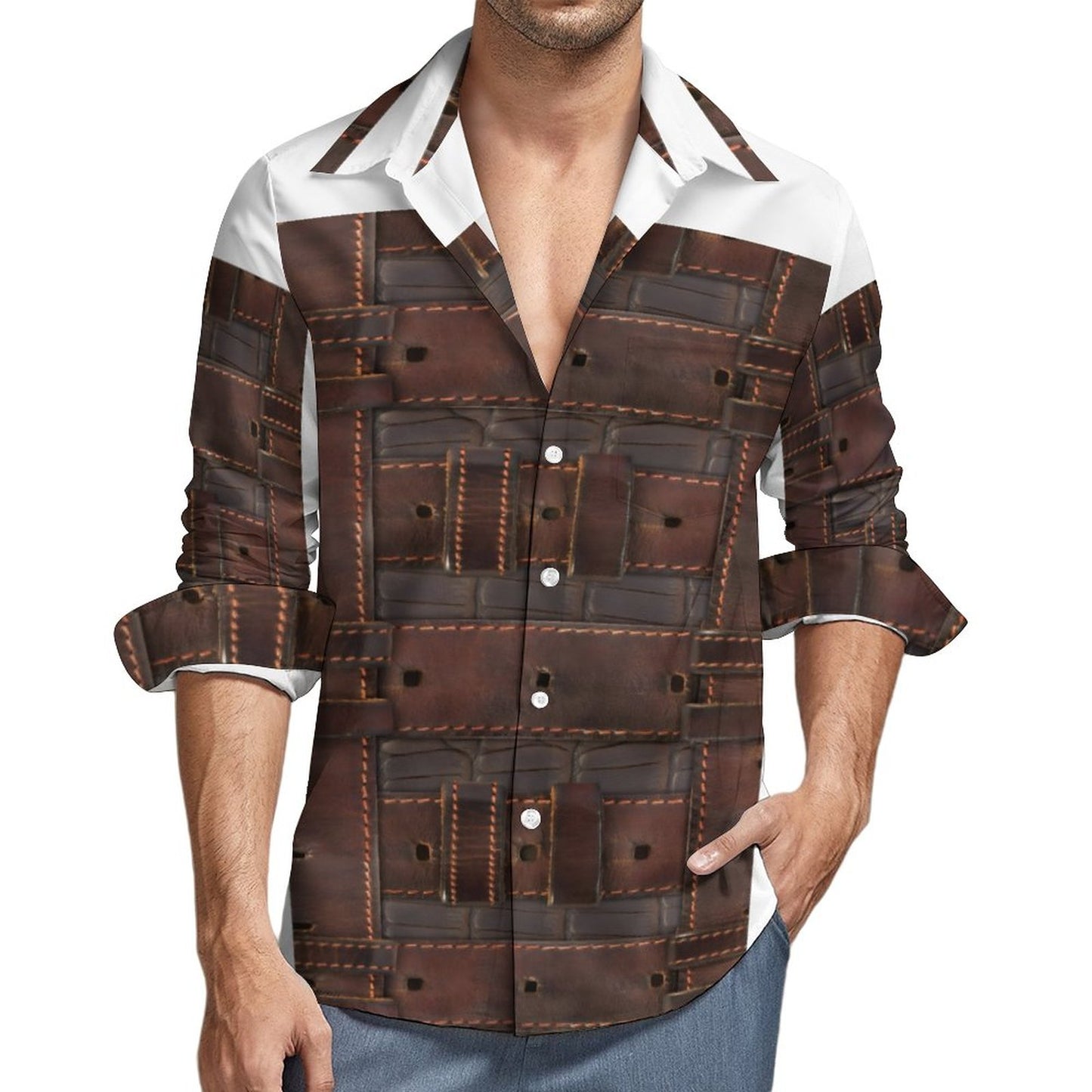 RUGGED LEATHER BUCKLE Print Linen Men Long Sleeve Shirt with Pocket-*XS-7XL