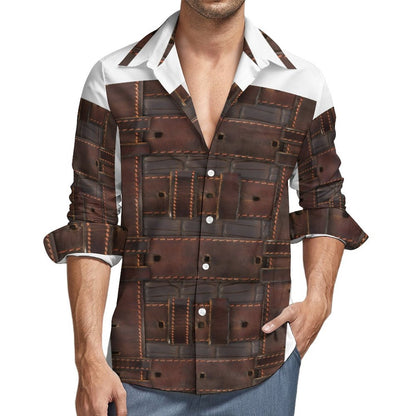 RUGGED LEATHER BUCKLE Print Linen Men Long Sleeve Shirt with Pocket-*XS-7XL