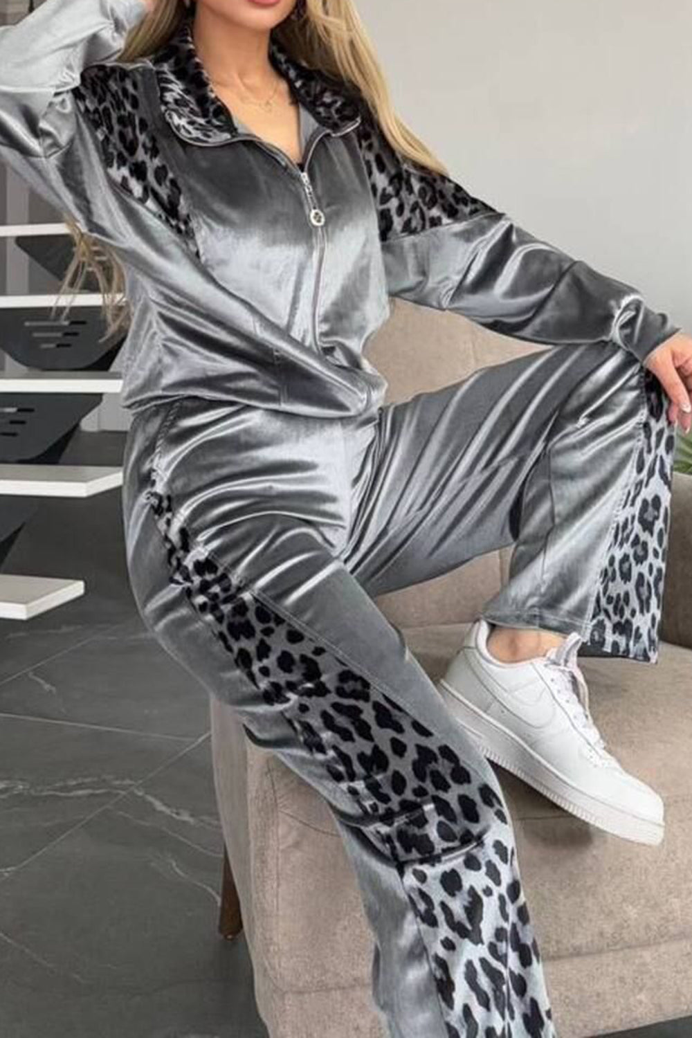 Full Size Collared Neck Leopard Zip Up Top and Pants Set Plus Size (grey/black/camel)-SMALL-3XL