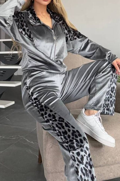 Full Size Collared Neck Leopard Zip Up Top and Pants Set Plus Size (grey/black/camel)-SMALL-3XL