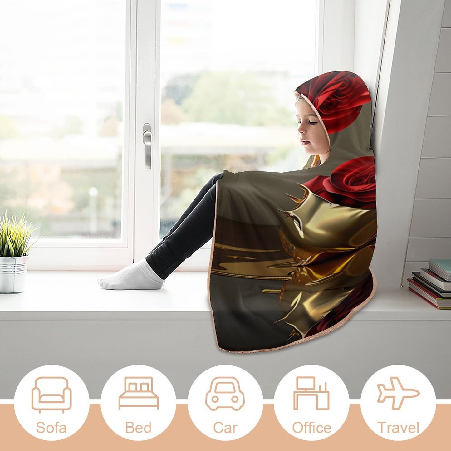 ROSE IN GOLD Wrap Hooded Blanket-50"x60"/ 130x150cm