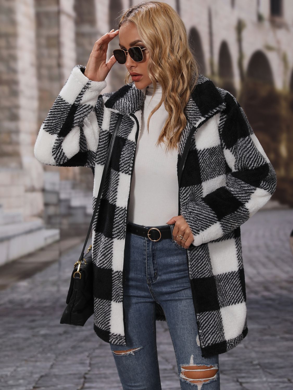 Plaid Collared Neck Coat with Pockets-SMALL-XL