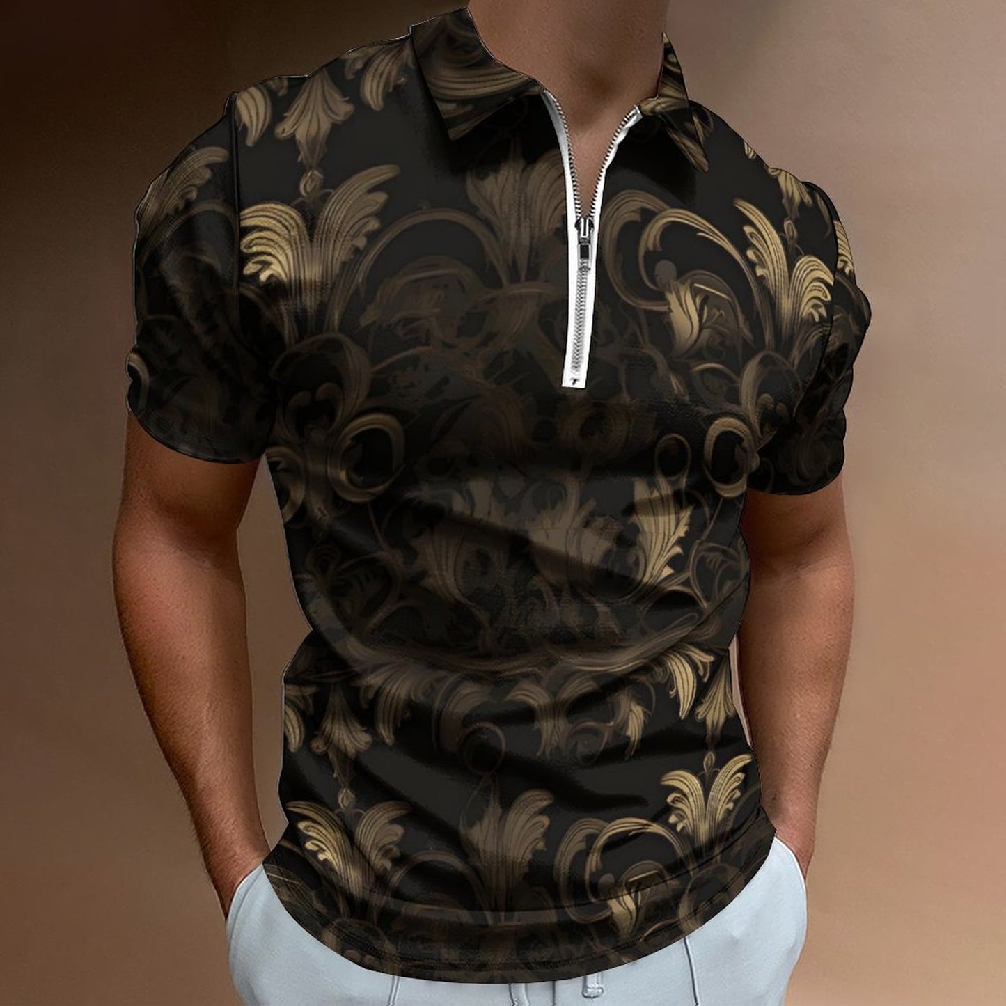 BLACK & GOLD ACCENT Men's Short Sleeve POLO Shirt with Zipper-2XS-6XL
