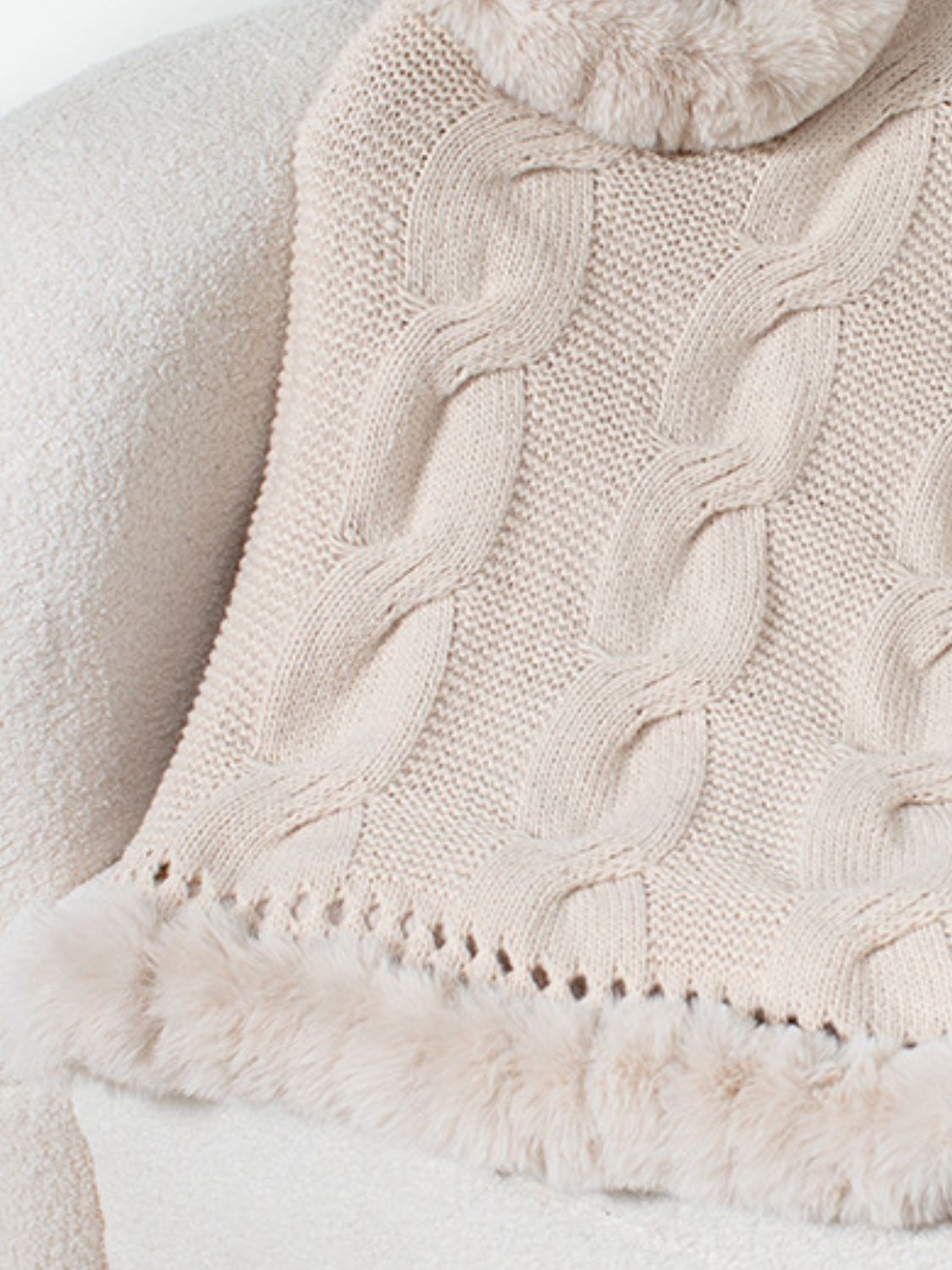 Fuzzy Hem Cable-Knit Poncho (mocha/gold/pink/eggshell/grey/black)
