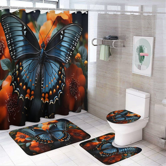 Shower Curtain Set with 3 Rugs-BLUE BUTTERFLY