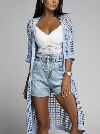 Openwork Open Front Three-Quarter Sleeve Cover Up(cream/white/apricot/black/lt. blue)-SMALL-XL