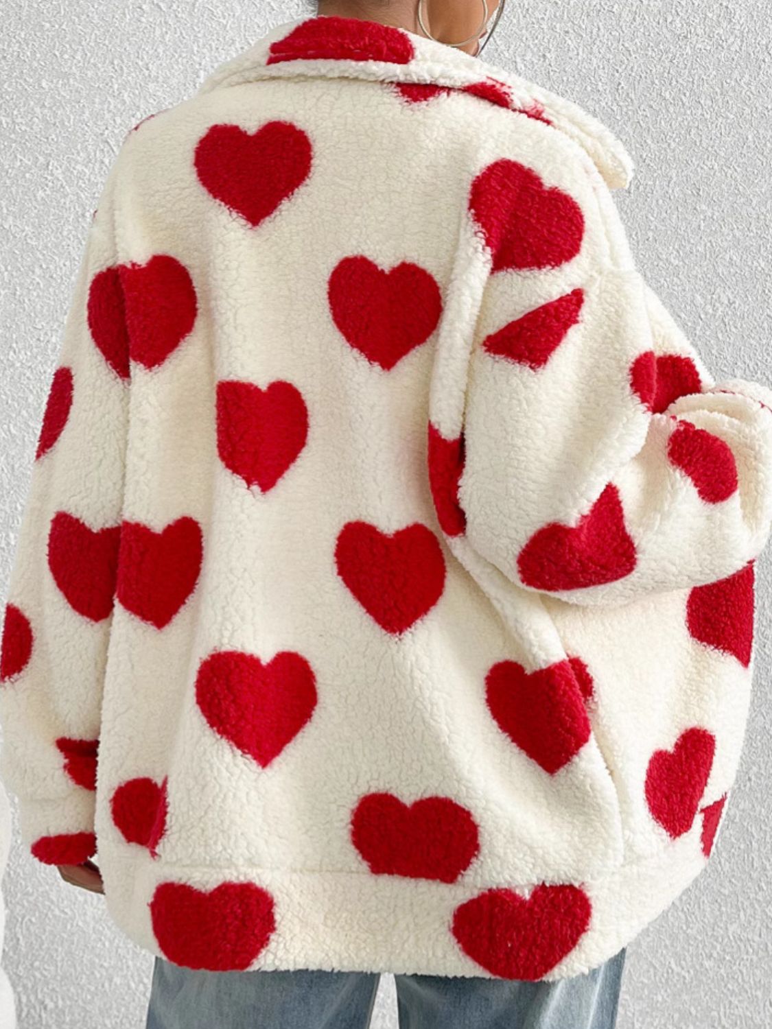 Heart Zip Up Drop Shoulder Furry Jacket (red/brown/black)-SMALL-2XL