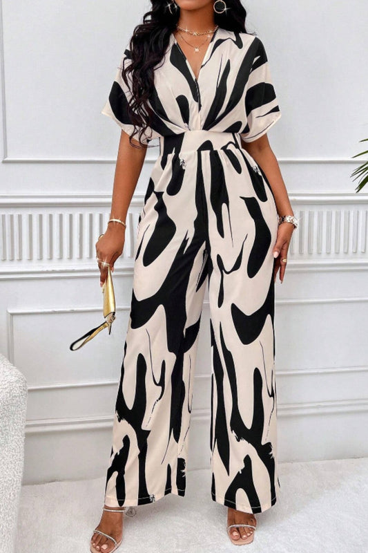 Printed V-Neck Short Sleeve Wide Leg Jumpsuit (black/orange/brown/green)-SMALL-2XL
