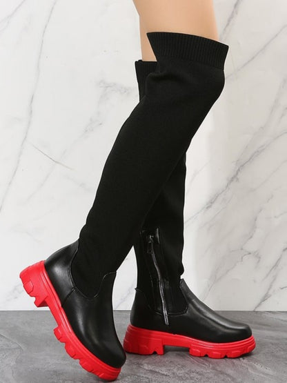 PU Leather Round Toe Platform Boots (red/black/beige/black & red)