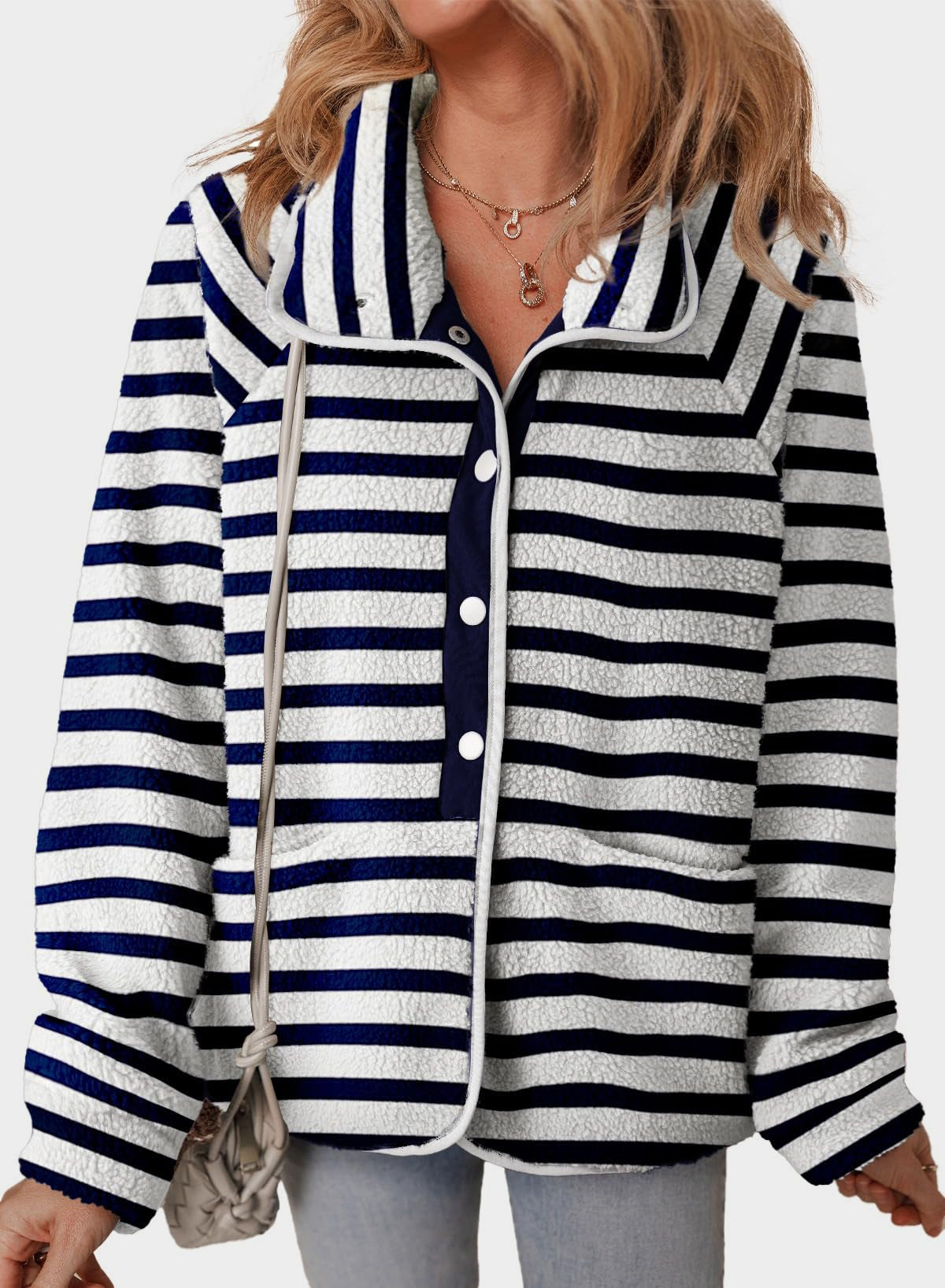 Pocketed Half Snap Sherpa Jacket (2 STYLES: cow print/blue stripe)-S-XL