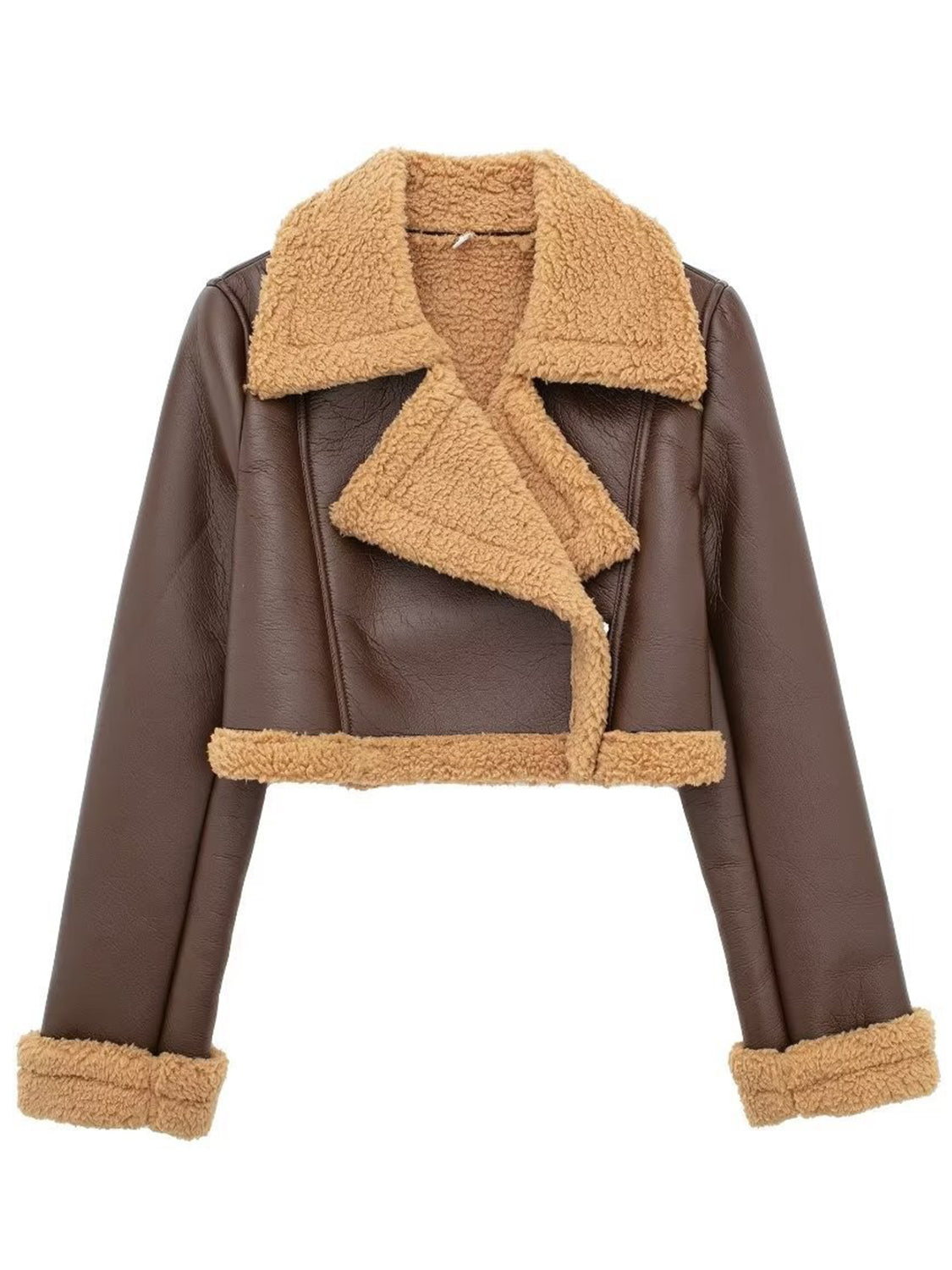 Collared Neck Long Sleeve Plush Cropped Leather Jacket (chocolate & white/black & white/mustard & white/black & reddish brown/brown & reddish brown/coffee brown/burgundy)-SMALL-LARGE