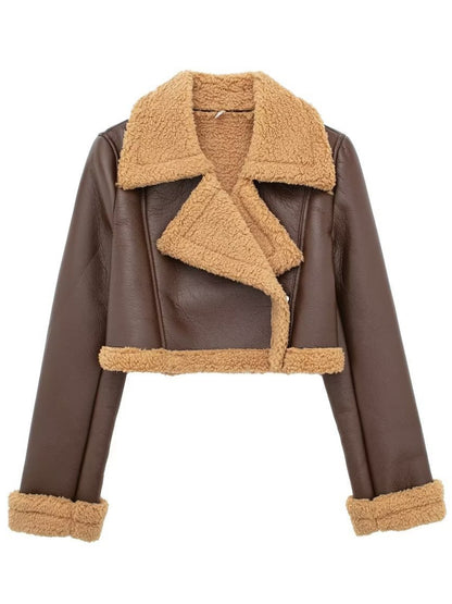 Collared Neck Long Sleeve Plush Cropped Leather Jacket (chocolate & white/black & white/mustard & white/black & reddish brown/brown & reddish brown/coffee brown/burgundy)-SMALL-LARGE