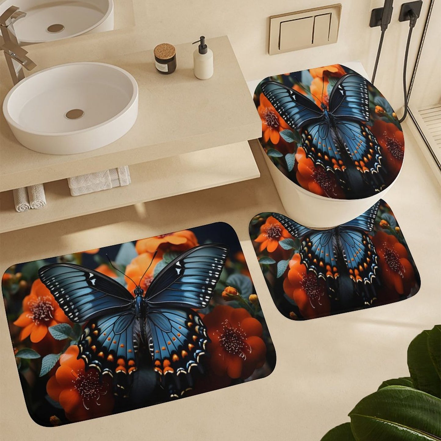 Shower Curtain Set with 3 Rugs-BLUE BUTTERFLY