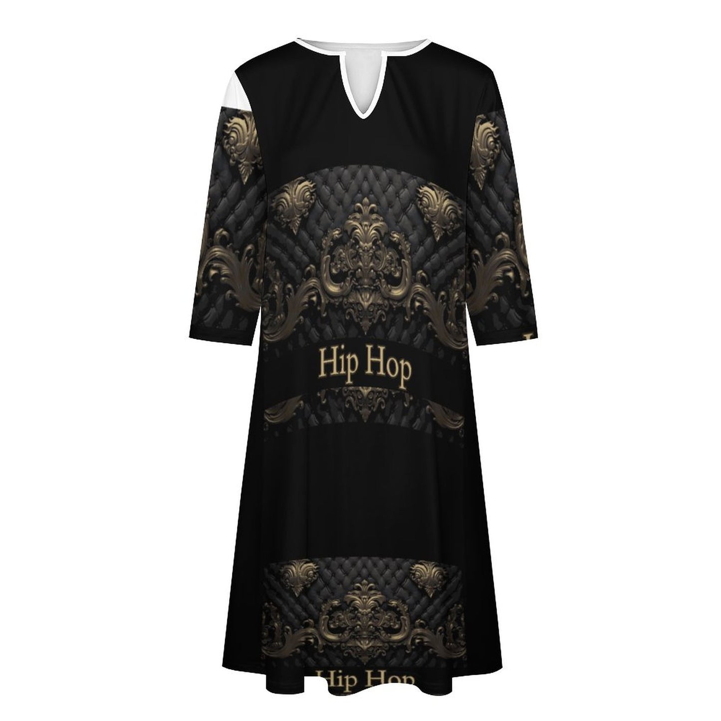 V-neck 3/4 Sleeve Dress with Pockets (All-Over Printing)