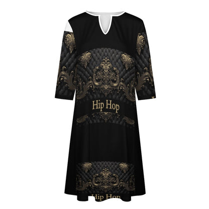 V-neck 3/4 Sleeve Dress with Pockets (All-Over Printing)