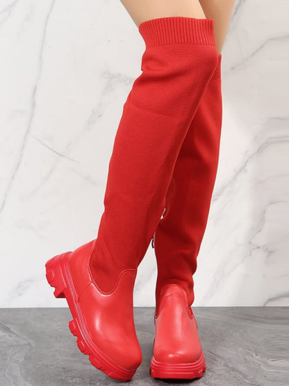 PU Leather Round Toe Platform Boots (red/black/beige/black & red)