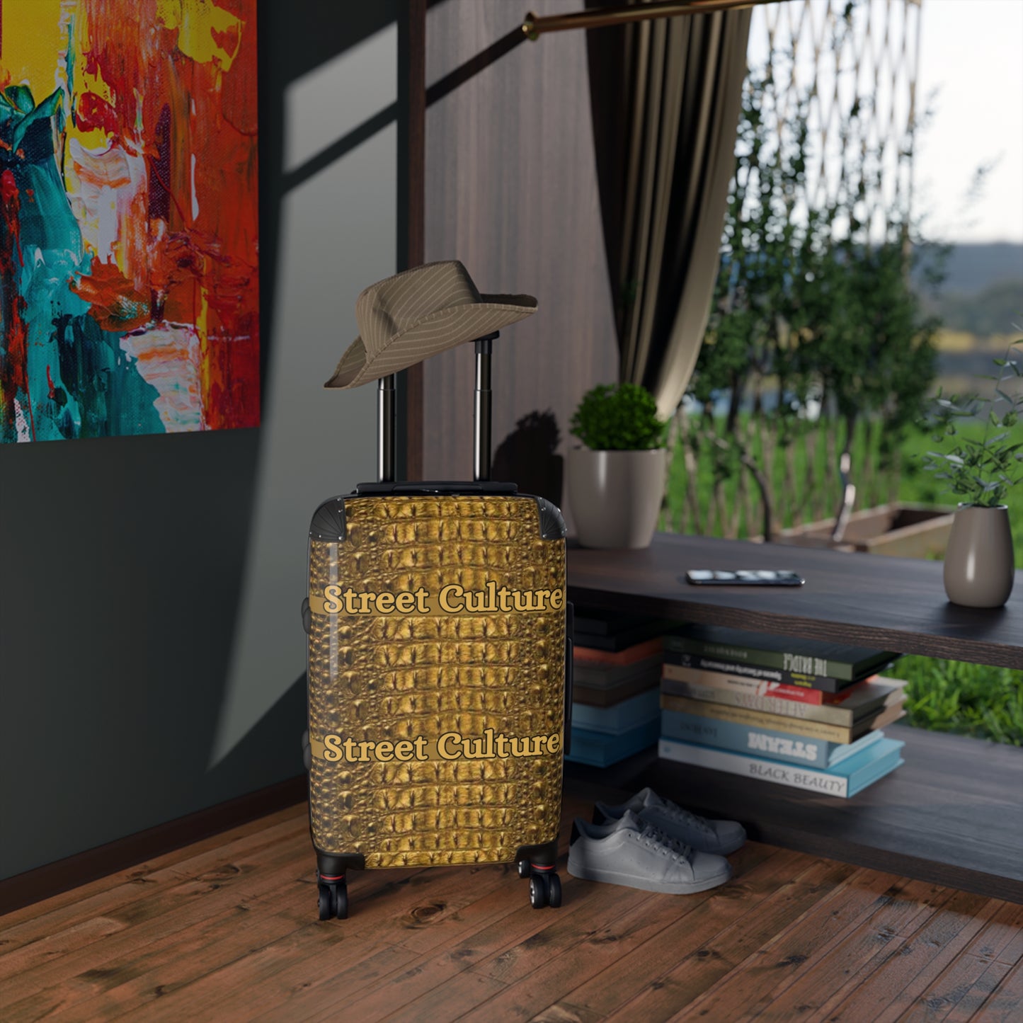 STREET CULTURE GOLD ALLIGATOR Print Suitcase (with lock/4 double swivel wheels/inner pockets)-SMALL/MEDIUM/LARGE