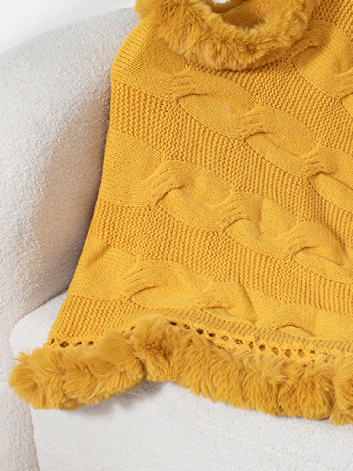 Fuzzy Hem Cable-Knit Poncho (mocha/gold/pink/eggshell/grey/black)