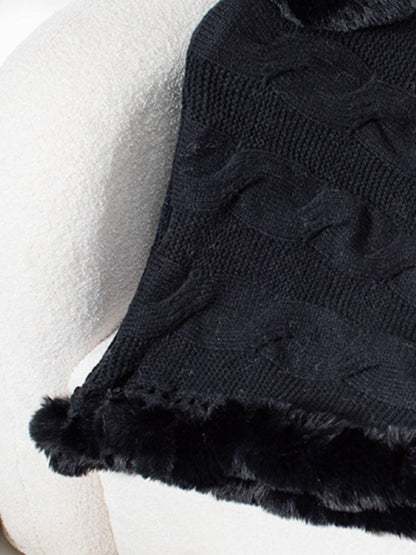 Fuzzy Hem Cable-Knit Poncho (mocha/gold/pink/eggshell/grey/black)