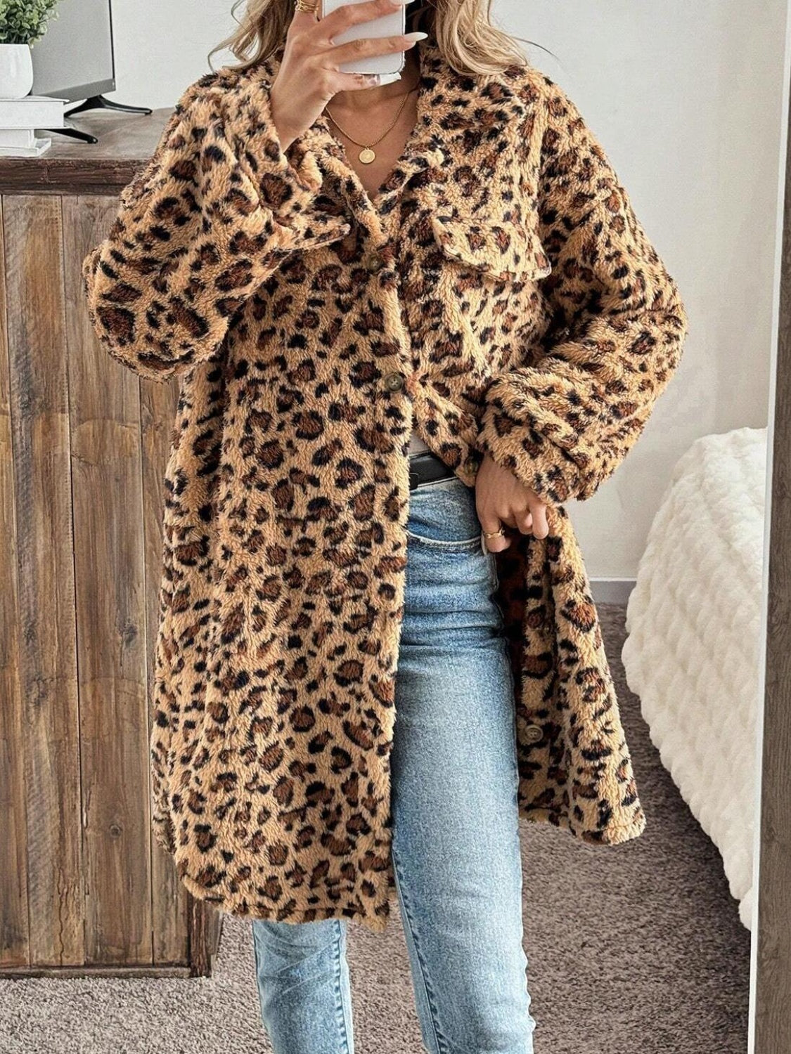 Leopard Furry Button Up Long Sleeve Full Coat-SMALL-XL