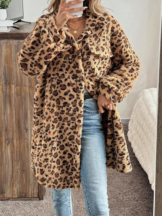 Leopard Furry Button Up Long Sleeve Full Coat-SMALL-XL
