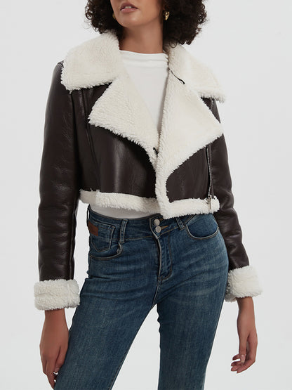 Collared Neck Long Sleeve Plush Cropped Leather Jacket (chocolate & white/black & white/mustard & white/black & reddish brown/brown & reddish brown/coffee brown/burgundy)-SMALL-LARGE