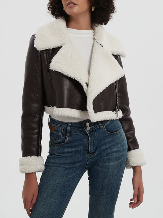 Collared Neck Long Sleeve Plush Cropped Leather Jacket (chocolate & white/black & white/mustard & white/black & reddish brown/brown & reddish brown/coffee brown/burgundy)-SMALL-LARGE