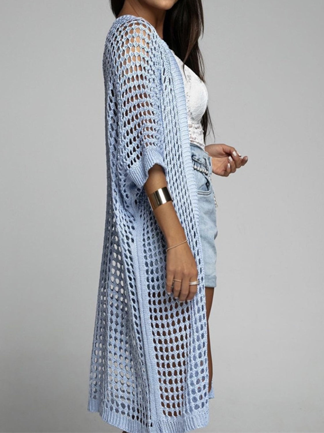 Openwork Open Front Three-Quarter Sleeve Cover Up(cream/white/apricot/black/lt. blue)-SMALL-XL