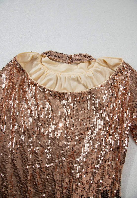 Backless Sequin Mock Neck Long Sleeve Mini Dress-S-XL