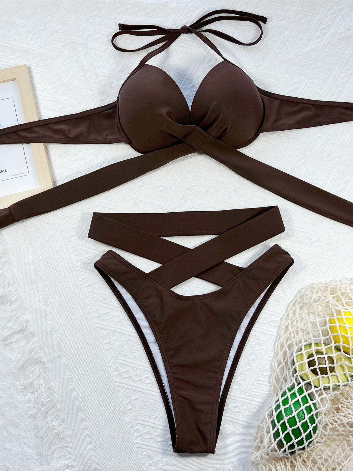 Crisscross Halter Neck Bikini Set (royal blue/black/red/green/brown)-S/M/L