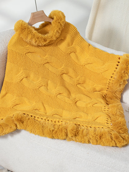 Fuzzy Hem Cable-Knit Poncho (mocha/gold/pink/eggshell/grey/black)