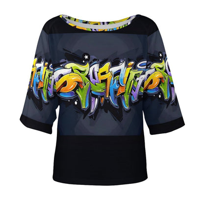 COLORFUL GRAFFITI Women’s Off the Shoulder Half-Sleeve T-shirt-SMALL-5XL