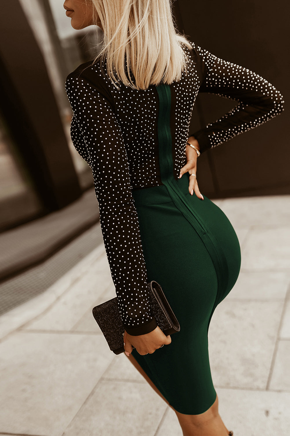 Rhinestone Mock Neck Long Sleeve Dress (black/dark green)-S-XL