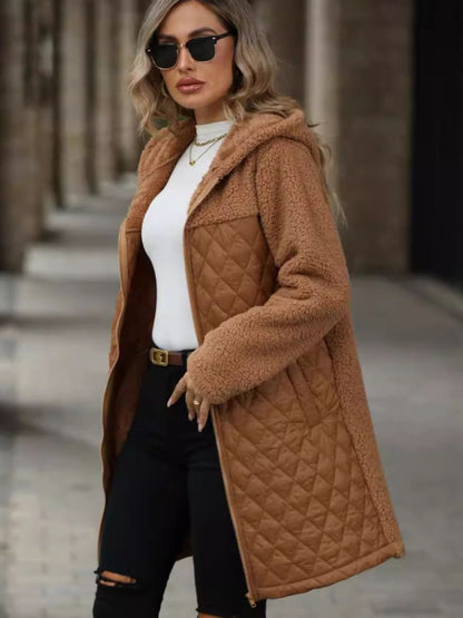 Texture Zip Up Long Sleeve Hooded Coat (caramel/off white/black/green)-SMALL-2XL)