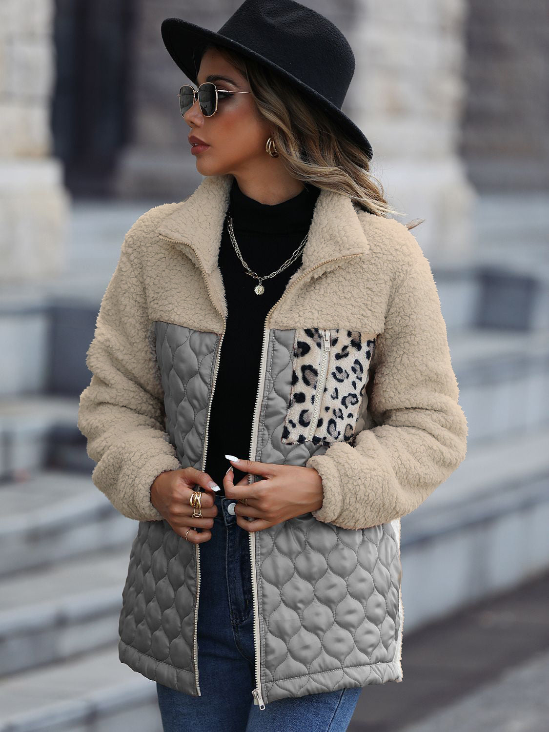 Leopard Color Block Zip-Up Jacket (caramel/green/burgundy/black/gray/orange-red-SMALL-XL