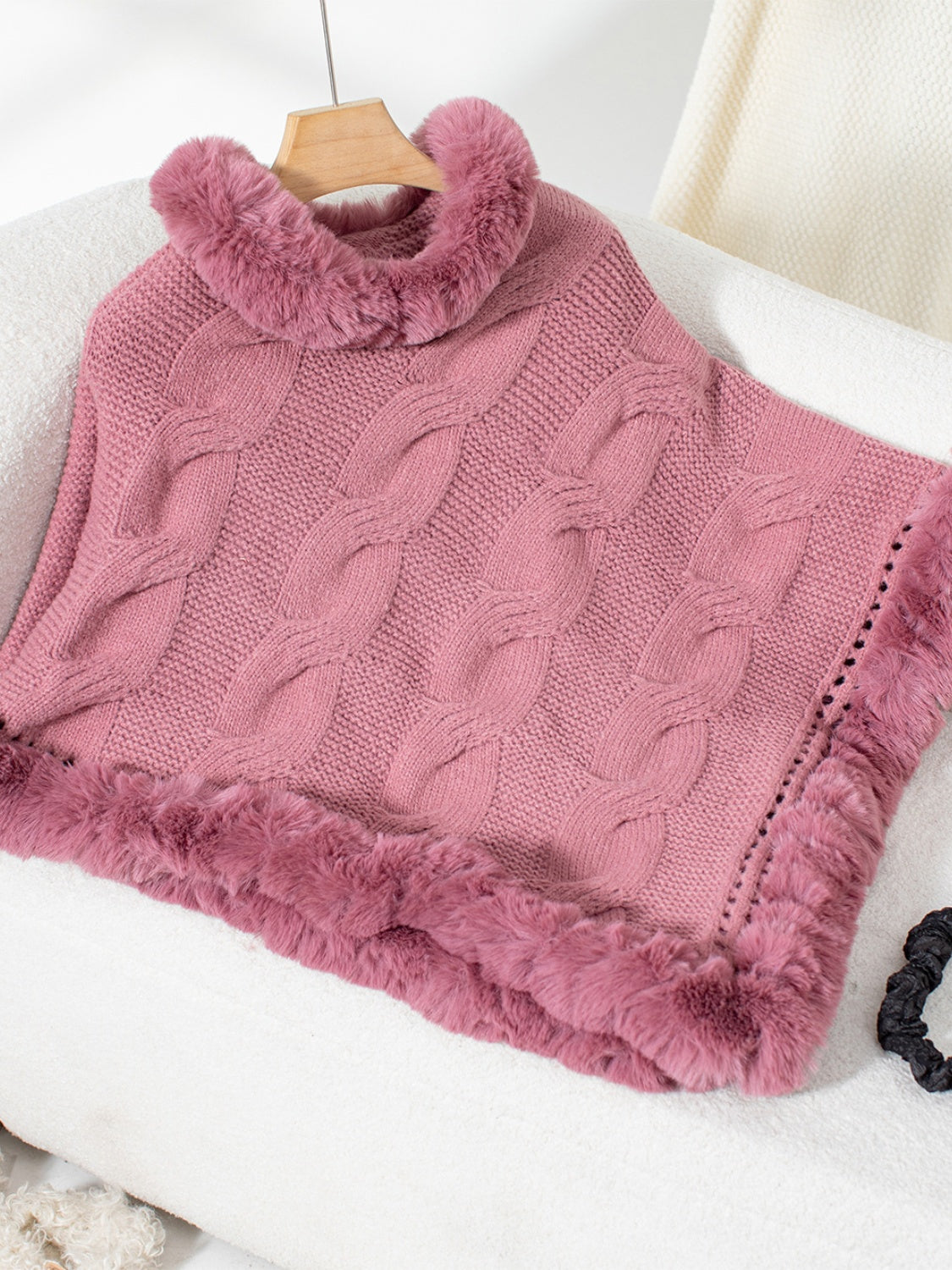 Fuzzy Hem Cable-Knit Poncho (mocha/gold/pink/eggshell/grey/black)