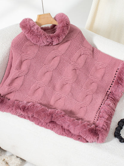 Fuzzy Hem Cable-Knit Poncho (mocha/gold/pink/eggshell/grey/black)
