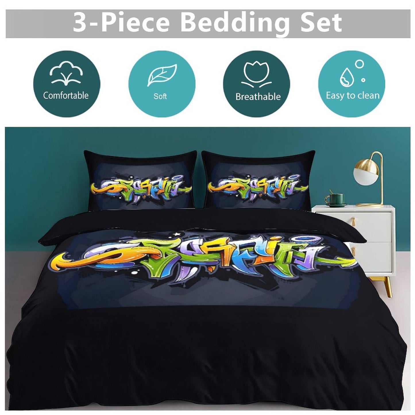 COLORFUL GRAFFITI 3-Piece Bedding Set-86"×70"/ 218×177cm-TWIN SIZE (Dual-sided Image)