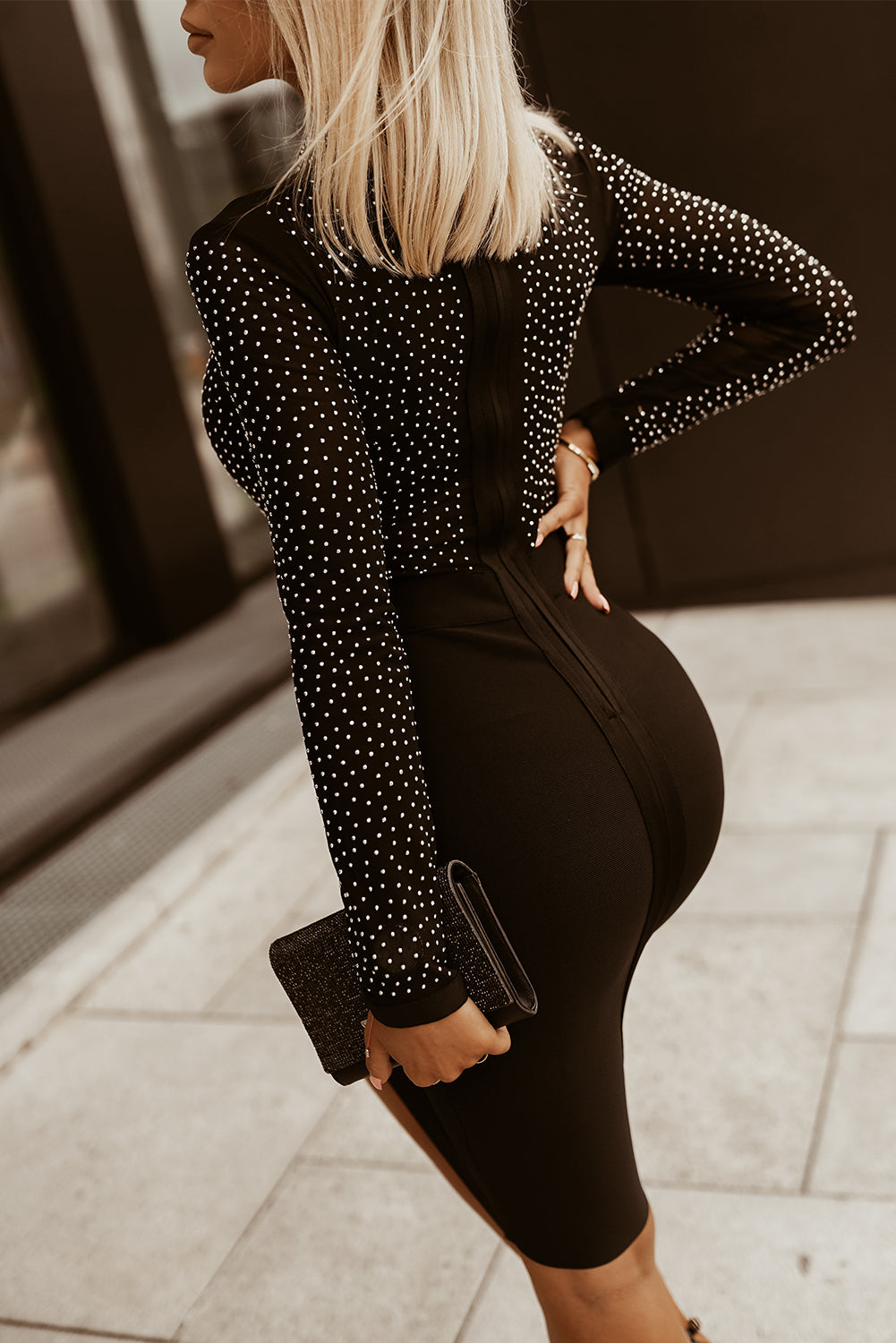 Rhinestone Mock Neck Long Sleeve Dress (black/dark green)-S-XL