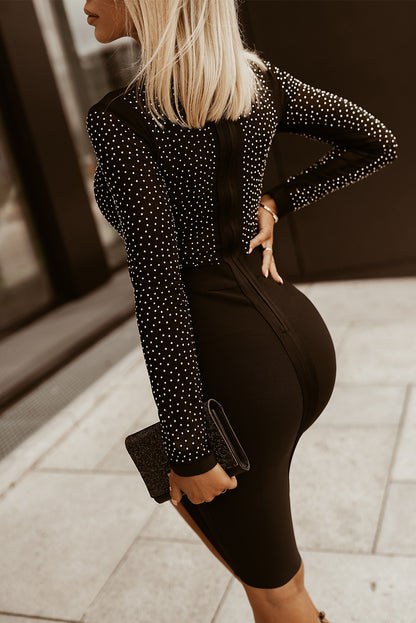 Rhinestone Mock Neck Long Sleeve Dress (black/dark green)-S-XL