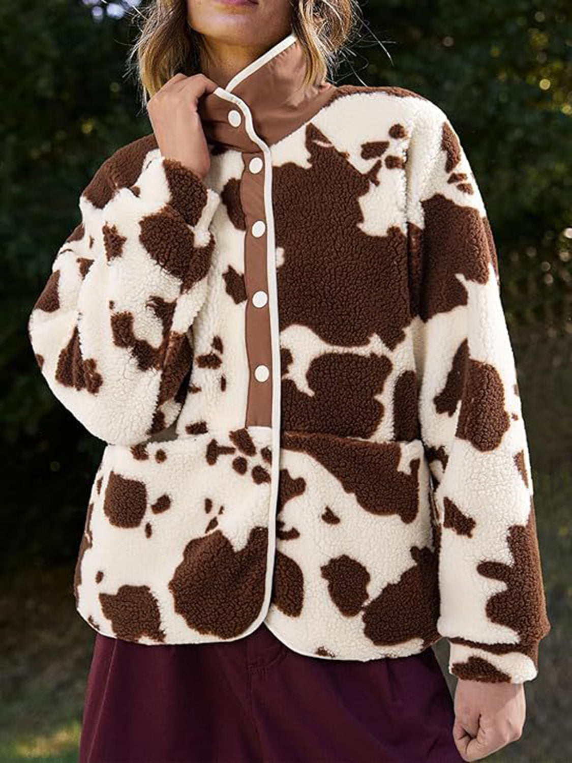 Pocketed Half Snap Sherpa Jacket (2 STYLES: cow print/blue stripe)-S-XL