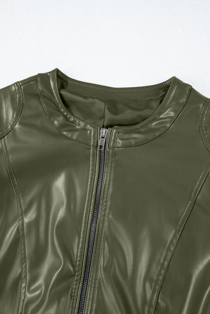 PU Leather Round Neck Long Sleeve Jacket (green/taupe/black)-SMALL-XL