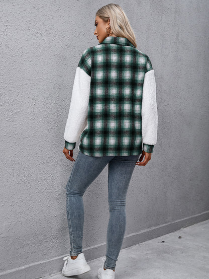 Ivy Lane Plaid Collared Neck Button Down Jacket-SMALL-XL