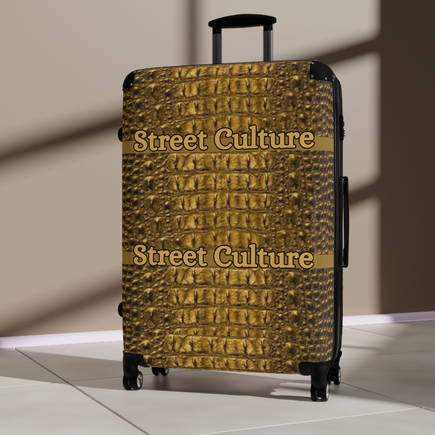 STREET CULTURE GOLD ALLIGATOR Print Suitcase (with lock/4 double swivel wheels/inner pockets)-SMALL/MEDIUM/LARGE