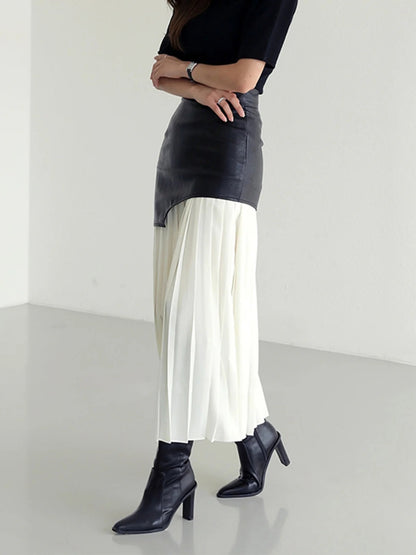 ON SALE:::: PU Leather/Polyester Pleated Contrast High Rise Skirt-SMALL-2XL